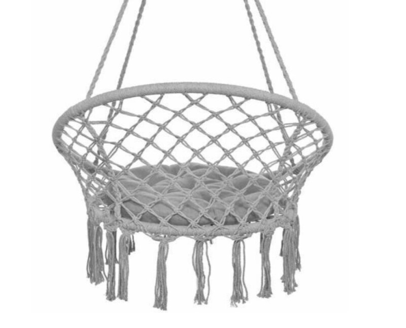 Hanging woven Macrame swing with pillow 1.20m, grey round