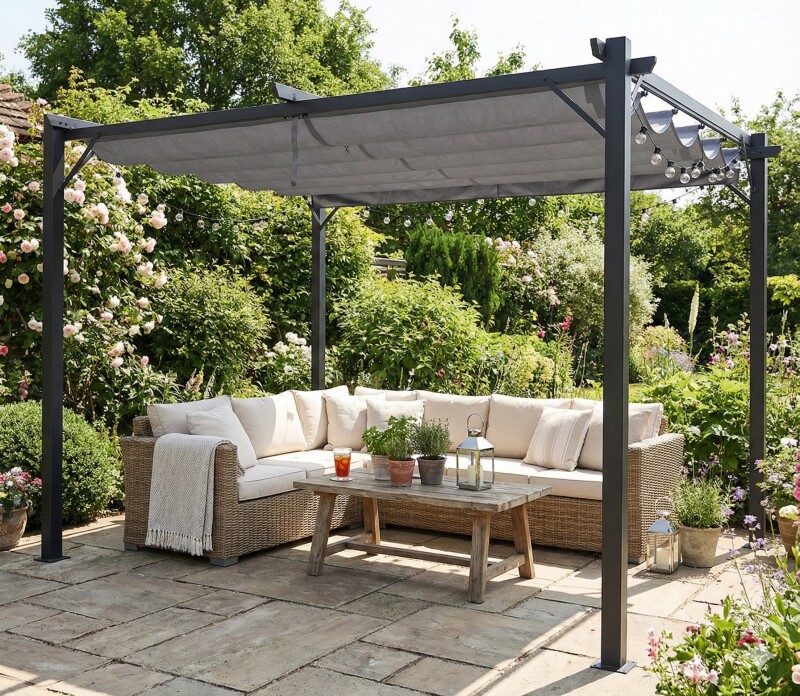 Sodo pergola 3x3m su slankiojančiu tentu