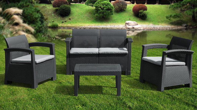 Rotango baldų komplektas: sofa, 2 foteliai, stalas