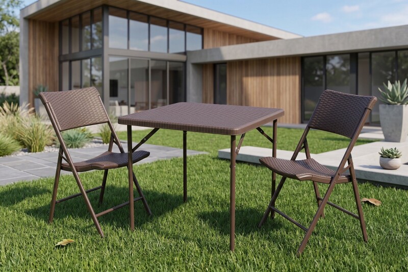 Sulankstomas kvadratinis rotango dizaino stalas 86x86x74 cm + 2 kėdė