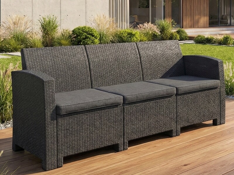 Trivietė rotango sodo sofa 172 cm, pilka