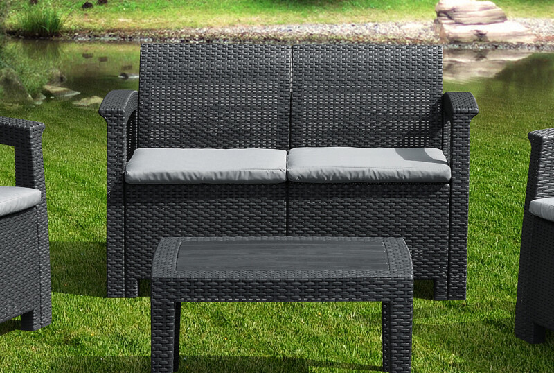 Rotango baldų komplektas: sofa, 2 foteliai, stalas