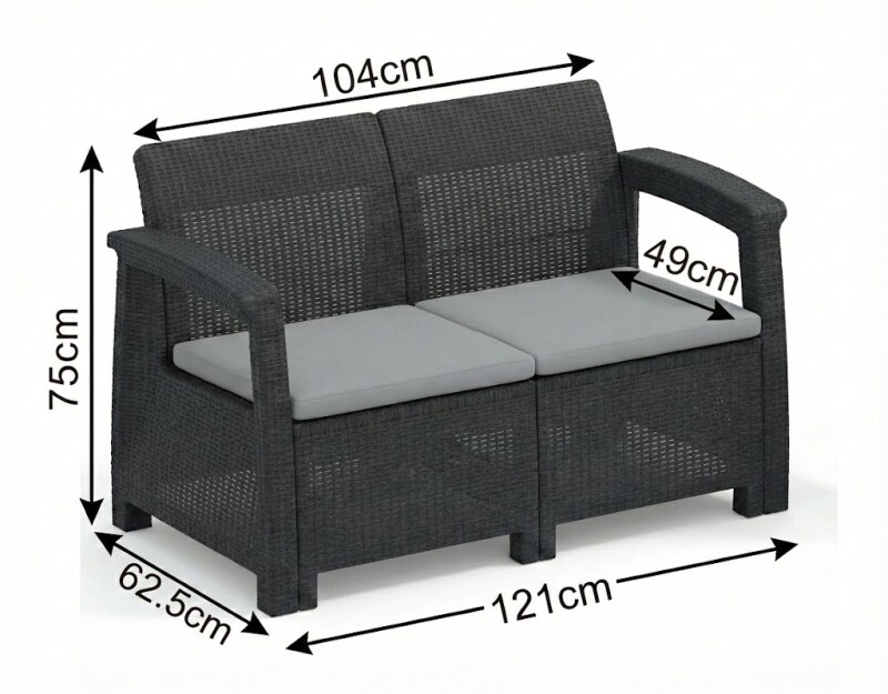 Rotango baldų komplektas: sofa, 2 foteliai, stalas