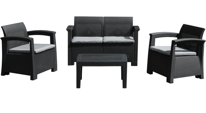 Rotango baldų komplektas: sofa, 2 foteliai, stalas