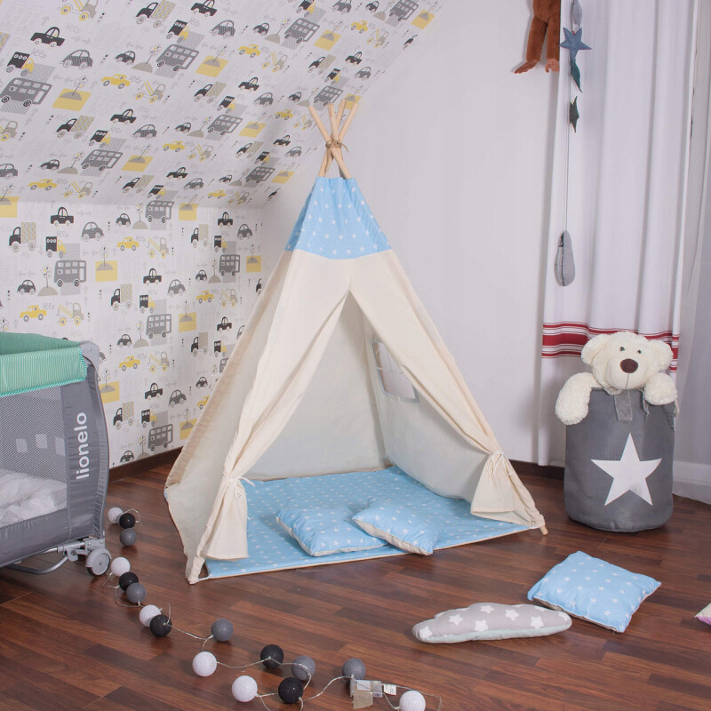 Kids play tent with cushions, light blue with stars, 160 x 120 x 100 cm