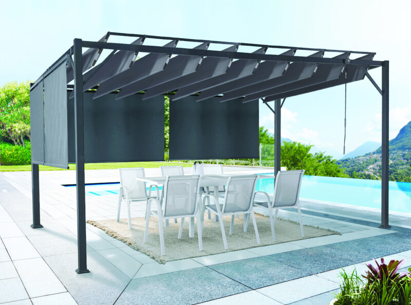 Bioklimatinė sodo pergola 3x4 m su slankiojančiu tentu ir 4 markizėmis