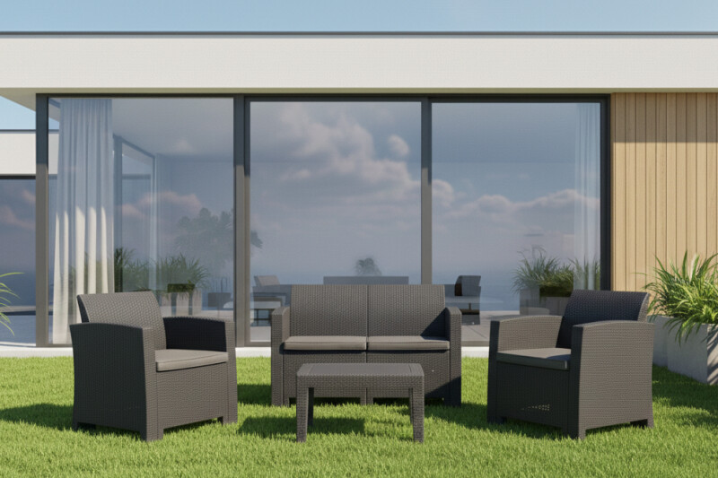 Rotango baldų komplektas: sofa, 2 foteliai, stalas