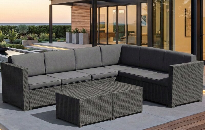 Kampinė rotango sodo sofa 247x190 cm ir 2 staliukai 56x56 cm, pilki