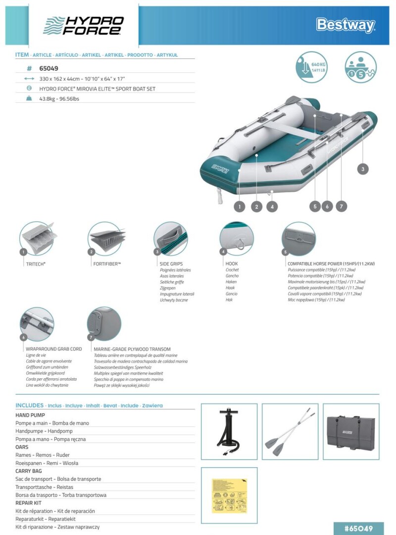 5-vietė pripučiama valtis Bestway Sportboot-Set Mirovia Elite 330x162x44 cm, 65049