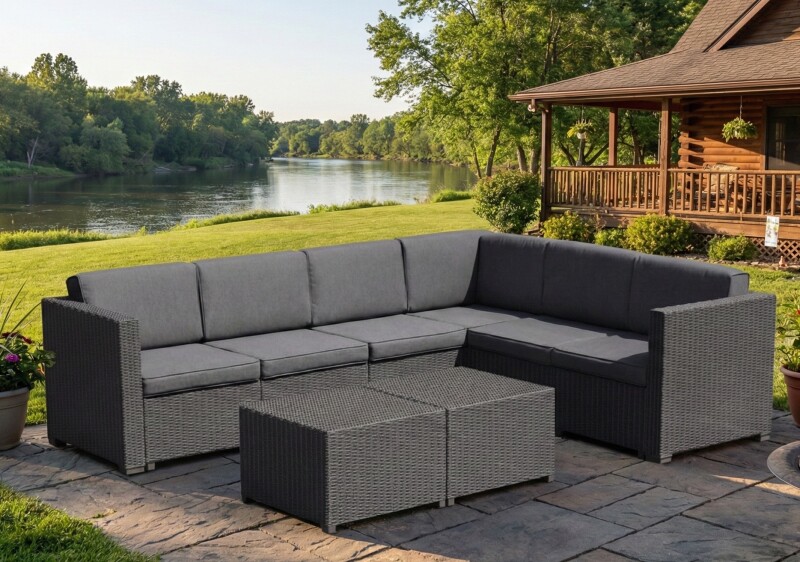 Kampinė rotango sodo sofa 247x190 cm ir 2 staliukai 56x56 cm, pilki