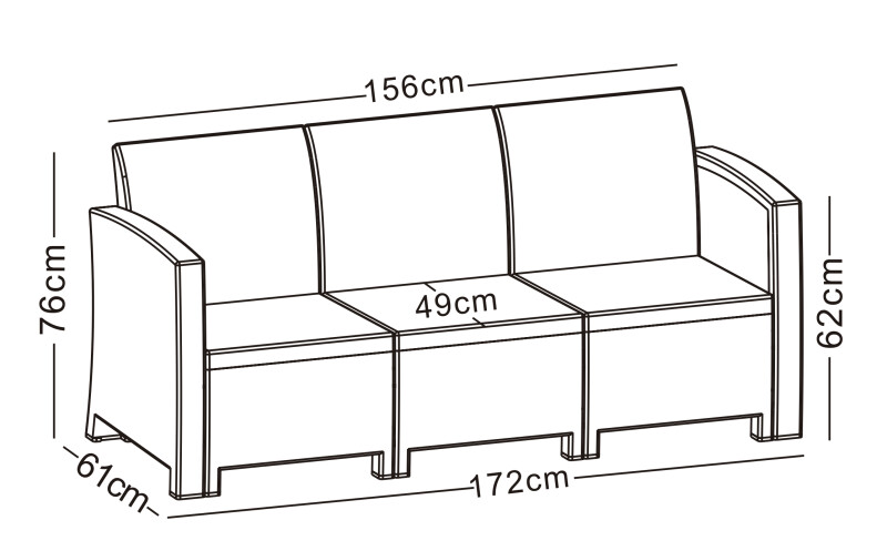 Trivietė rotango sodo sofa 172 cm, pilka