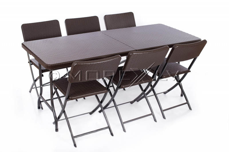Folding table with a rattan design 180x72 cm + 6 chairs