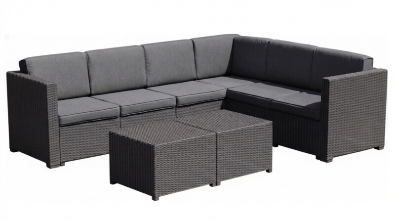 Kampinė rotango sodo sofa 247x190 cm ir 2 staliukai 56x56 cm, pilki