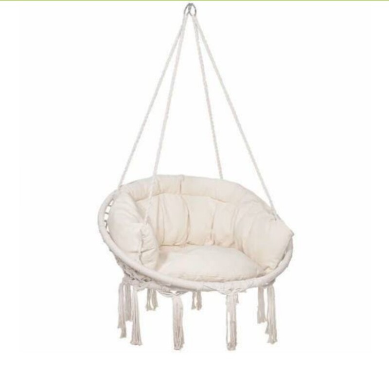 Hanging woven Macrame swing with pillow 1.20m, beige round