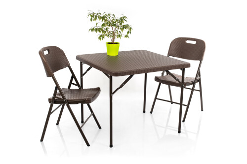 Sulankstomas kvadratinis rotango dizaino stalas 78x78x74 cm + 2 kėdė