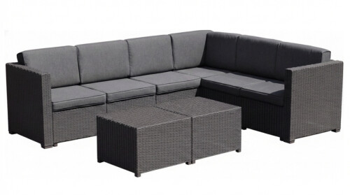 Kampinė rotango sodo sofa 247x190 cm ir 2 staliukai 56x56 cm, pilki