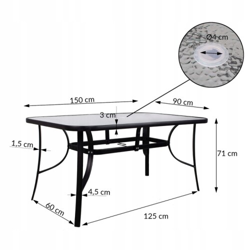Table, metal with glass surface 150 x 90 x 71 cm Black