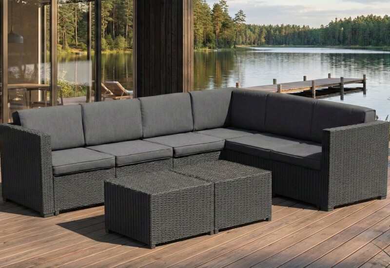 Kampinė rotango sodo sofa 247x190 cm ir 2 staliukai 56x56 cm, pilki