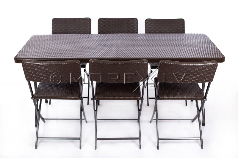 Folding table with a rattan design 180x72 cm + 6 chairs