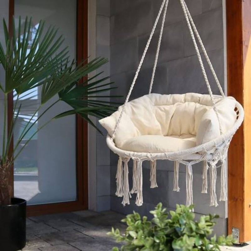 Hanging woven Macrame swing with pillow 1.20m, beige round